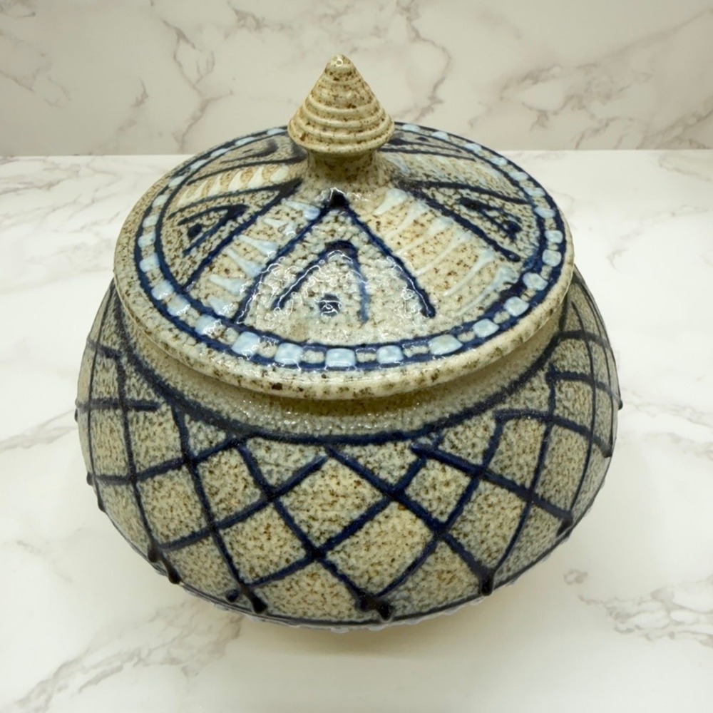 Vintage Ceramic Lidded Jar Studio Pottery Apothecary Pot Blue Tan Rustic Cottage